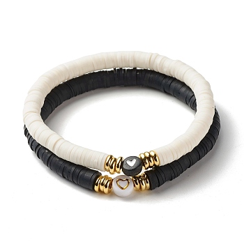 Heart Pattern Beads Stretch Bracelets Set for Women, Polymer Clay Heishi Beads Surfer Bracelet, White & Black, Gold, Inner Diameter: 2-1/4 inch(5.8cm), 2pcs/set