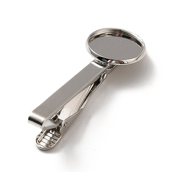 Brass Tie Clip Cabochon Settings, Platinum, 54x17.5x13.5mm, Tray: 16.1mm
