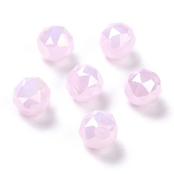 Electroplate Opaque Glass Beads, Rainbow Plated, Faceted, Round, Pearl Pink, 10x9.5mm, Hole: 1.4mm