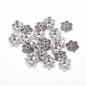 Tibetan Style Bead Caps, Flower, 6-Petal, Lead Free and Cadmium Free, Antique Silver, 9.5x10x3mm, Hole: 1.5mm