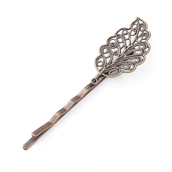 Hair Accessories Iron Hair Bobby Pin Findings, with Brass Filigree Leaf Cabochon Bezel Settings, Nickel Free, Antique Bronze, Tray: 34x17mm, 68mm