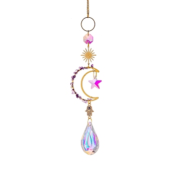 Glass Teardrop/Star Prisms Suncatchers Hanging Ornaments, with Stainless Steel Moon and Gemstone Beads, for Home, Garden Decoration, Palm Pattern, No Size