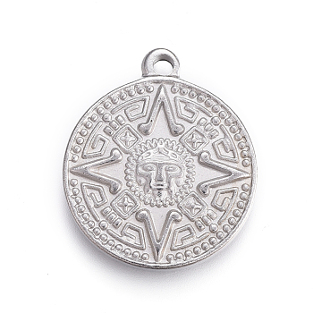 304 Stainless Steel Pendants, Flat Round with Mayan Pattern, Stainless Steel Color, 24x20x3mm, Hole: 2mm