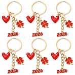 10Pcs Alloy Enamel Clover & Number 2026 & Heart Pendant Decorations, with Iron Split Key Rings, Golden, Red, 62mm(KEYC-YW00284)