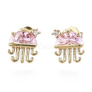 Brass Micro Pave Cubic Zirconia Stud Earrings, with Ear Nuts, Jellyfish, Cadmium Free & Nickel Free & Lead Free, Pink, Real 16K Gold Plated, 10x8.5mm, Pin: 0.7mm(EJEW-S210-004-NR)
