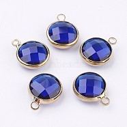Golden Tone Brass Glass Flat Round Charms, Faceted, Blue, 18x14x5.5mm, Hole: 1.5mm(GLAA-M003-D-27G)