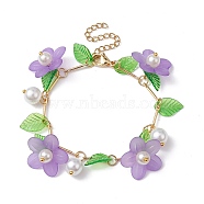 Acrylic Flower & Glass Pearl Charm Bracelets, with Brass Chains, Lilac, 6-7/8~7-1/8 inch(17.5~18cm)(BJEW-JB10054-03)