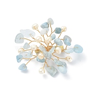 Natural Aquamarine Chips & Pearl Beaded Flower Brooch Pin, Golden 304 Stainless Steel Wire Wrap Lapel Pin for Women, 45~55x55~60x10mm(JEWB-BR00098-04)