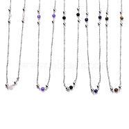 304 Stainless Steel Beaded Necklaces, with Round Natural & Synthetic Gemstone Beads and Cable Chains, Stainless Steel Color, 25.98 inch(66cm)(NJEW-H210-K-P)