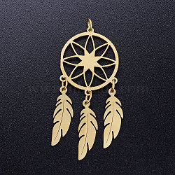 201 Stainless Steel Pendants, with Jump Rings, Woven Net/Web with Feather, Golden, 46x20x1mm, Hole: 3mm, Ring: 5x0.8mm(STAS-S105-JN354-2)