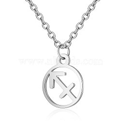 Non-Tarnish 201 Stainless Steel Pendants Necklaces, Flat Round with Constellations, Sagittarius, 16.3 inch(40cm)x1mm(NJEW-S063-TN505-9)