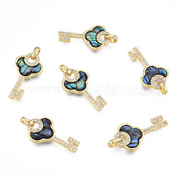 Brass Micro Pave Clear Cubic Zirconia Pendants, with Synthetic Abalone Shell/Paua Shells, Real 18K Gold Plated, Nickel Free, Key, Colorful, 24x13x3mm, Hole: 2.5x4mm(KK-N233-420)