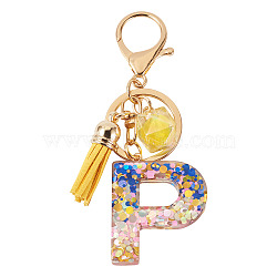 Alloy Resin Polygon Keychains, with Lobster Claw Clasps, Golden, with Glitter Powder, Letter P, 99mm(KEYC-TADJ0002-03G-P)