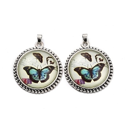 Tibetan Style Alloy Pendants, with Resin, Flat Round with Butterfly, Antique Silver, 42.5x37.5x8.5mm, Hole: 6x5mm(TIBE-F013-01AS-A01)