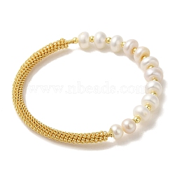 Natural Pearl Beaded Bracelet, with Brass Mesh Chains, Real 14K Gold Plated, Inner Diameter: 1-7/8 inch(4.8cm)(BJEW-C051-21G)