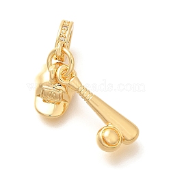 Brass Clear Cubic Zirconia Baseball Bat & Hat European Dangle Charms, Large Hole Pendants, Real 18K Gold Plated, 32mm, Hole: 4.5mm(KK-U048-12G)