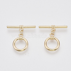 Brass Toggle Clasps, Real 18K Gold Plated, Round Ring, Nickel Free, 26mm Long, Bar: 26x7x4mm, Hole: 2mm, Ring: 18x14x2mm, Hole: 2mm, Jump Ring: 5x3x1mm(X-KK-N216-44)