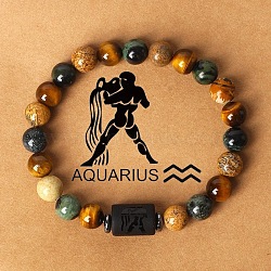 12 Constellations Natural Tiger Eye & Picture Jasper Round Beaded Stretch Bracelets for Men Women, Column, Aquarius, 7-1/8 inch(18cm)(WG21EC3-10)
