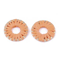 Handmade Raffia Woven Linging Rings, with Alloy Findings, Donut, Light Gold, Dark Orange, 20.5x2.5mm, Inner Diameter: 7.5mm(WOVE-Q077-21F)