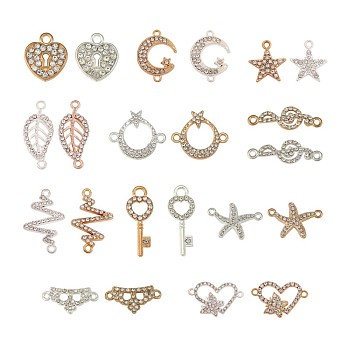 DIY Jewelry Making Finding Kit, Including Alloy Links Charm Connector, Brass Charms, with Crystal Rhinestone, Star & Starfish & Leaf & Moon and Star & Music Note, Platinum & Golden, 22Pcs/box