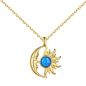 Moon & Sun 925 Sterling Silver Pendant Necklaces, with Synthetic Opal, Real 18K Gold Plated, 15.87 inch(40.3cm)