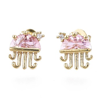 Brass Micro Pave Cubic Zirconia Stud Earrings, with Ear Nuts, Jellyfish, Cadmium Free & Nickel Free & Lead Free, Pink, Real 16K Gold Plated, 10x8.5mm, Pin: 0.7mm