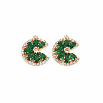 Brass Micro Pave Cubic Zirconia Charms, with Glass, Nickel Free, Real 18K Gold Plated, Flower, Green, 18x15x3mm, Hole: 1mm