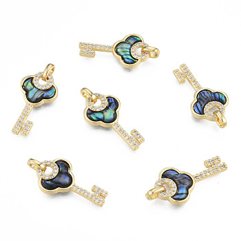 Brass Micro Pave Clear Cubic Zirconia Pendants, with Synthetic Abalone Shell/Paua Shells, Real 18K Gold Plated, Nickel Free, Key, Colorful, 24x13x3mm, Hole: 2.5x4mm