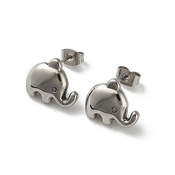 304 Stainless Steel Elephant Stud Earrings, Stainless Steel Color, 12x14.5mm