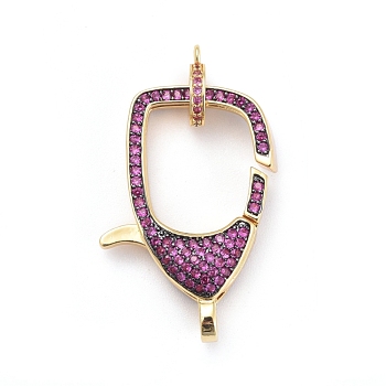 Brass Micro Pave Cubic Zirconia Lobster Claw Clasps, with Bail Beads/Tube Bails, Magenta, Golden, Clasp: 31x21x7mm, Hole: 3mm, Tube Bails: 10x8x2mm, Hole: 1mm
