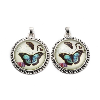 Tibetan Style Alloy Pendants, with Resin, Flat Round with Butterfly, Antique Silver, 42.5x37.5x8.5mm, Hole: 6x5mm