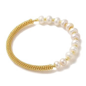 Natural Pearl Beaded Bracelet, with Brass Mesh Chains, Real 14K Gold Plated, Inner Diameter: 1-7/8 inch(4.8cm)