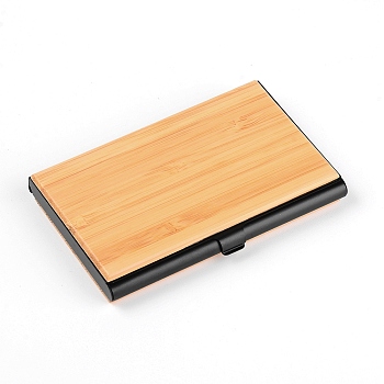 Wooden Business Cards Stroage Box, with Stainless Steel Frame, Hand-push Type, Rectangle, BurlyWood, 61x93x11mm