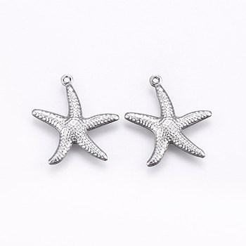 304 Stainless Steel Pendants, Starfish/Sea Stars, Stainless Steel Color, 22x20.5x2mm, Hole: 1mm