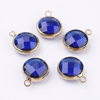 Golden Tone Brass Glass Flat Round Charms, Faceted, Blue, 18x14x5.5mm, Hole: 1.5mm