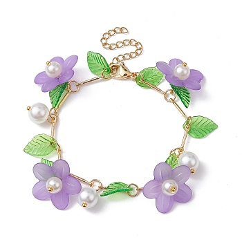 Acrylic Flower & Glass Pearl Charm Bracelets, with Brass Chains, Lilac, 6-7/8~7-1/8 inch(17.5~18cm)