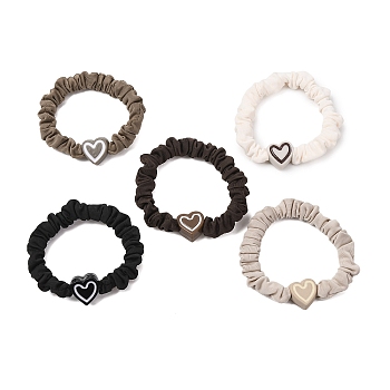 Polyester Elastic Hair Accessories, Heart, with Alloy Findings, for Girls or Women, Scrunchie/Scrunchy Hair Ties, Mixed Color, 8.5mm, Inner Diameter: 40mm, about 5pcs/set