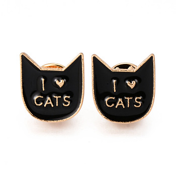 Alloy Enamel Brooches, Enamel Pin, with Brass Butterfly Clutches, Cat Head with Word I Love Cats, Light Gold, Cadmium Free & Nickel Free & Lead Free, Black, 19x17x2mm, Pin: 1mm