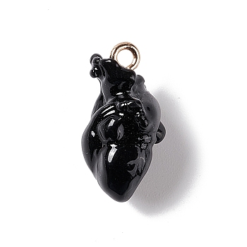 Transparent Resin Pendants, Anatomical Heart Charms, with Golden Plated Iron Loops, Black, 20.5~21.5x11.5x11mm, Hole: 2mm