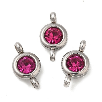 304 Stainless Steel Single Rhinestone Connector Charms, Flat Round Links, Stainless Steel Color, Fuchsia, 12x6.5x4mm, Hole: 2mm