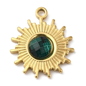 Real 18K Gold Plated 304 Stainless Steel Pendants, with Glass, Sun Charms, Dark Slate Gray, 19x16x3.5~4.5mm, Hole: 1.6mm