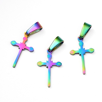 Ion Plating(IP) 304 Stainless Steel Pendants, Cross, Rainbow Color, 20x12.2x1.2mm, Hole: 3.5x7mm
