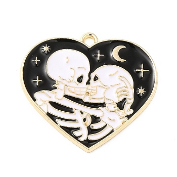 Rack Alloy Enamel Pendants, Heart with Skeleton, Golden, 27x29x1.5mm, Hole: 1.8mm