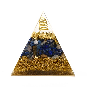 Orgonite Pyramid, Resin Pointed Home Display Decorations, with Natural Lapis Lazuli and Metal Findings inside, 52.5x54x52mm