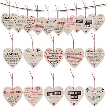 Cootonwood Pendants, with Wax Ropes, Heart, with Word, Mixed Color, 100x100x2.5mm, Hole: 4mm, Wax Rope: 16~19x0.1cm, 10 styles, 2sets/style, 20sets/bag