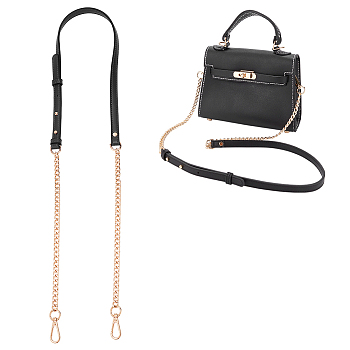 Imitation Leather Purse Shoulder Straps, with Alloy Curb Chain & Swivel Clasp, Black, 119.6x1.4cm