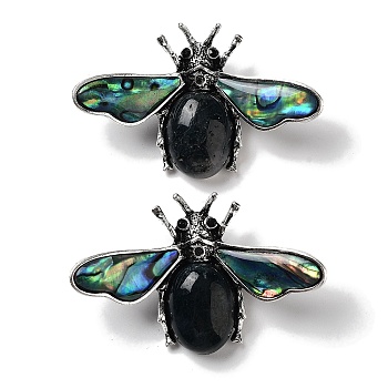 Tibetan Style Alloy Insect Brooches, with Natural Moss Agate and Natural Paua Shell, Antique Silver, 36x56.5x13mm