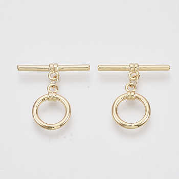 Brass Toggle Clasps, Real 18K Gold Plated, Round Ring, Nickel Free, 26mm Long, Bar: 26x7x4mm, Hole: 2mm, Ring: 18x14x2mm, Hole: 2mm, Jump Ring: 5x3x1mm