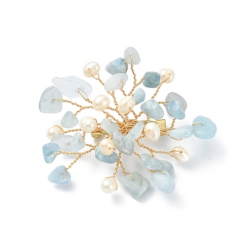 Natural Aquamarine Chips & Pearl Beaded Flower Brooch Pin, Golden 304 Stainless Steel Wire Wrap Lapel Pin for Women, 45~55x55~60x10mm