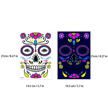 Heat Tranfer Luminous Printing Body Art Face Tattoo Sticker, Skull, for Halloween, Colorful, 21x14.5cm